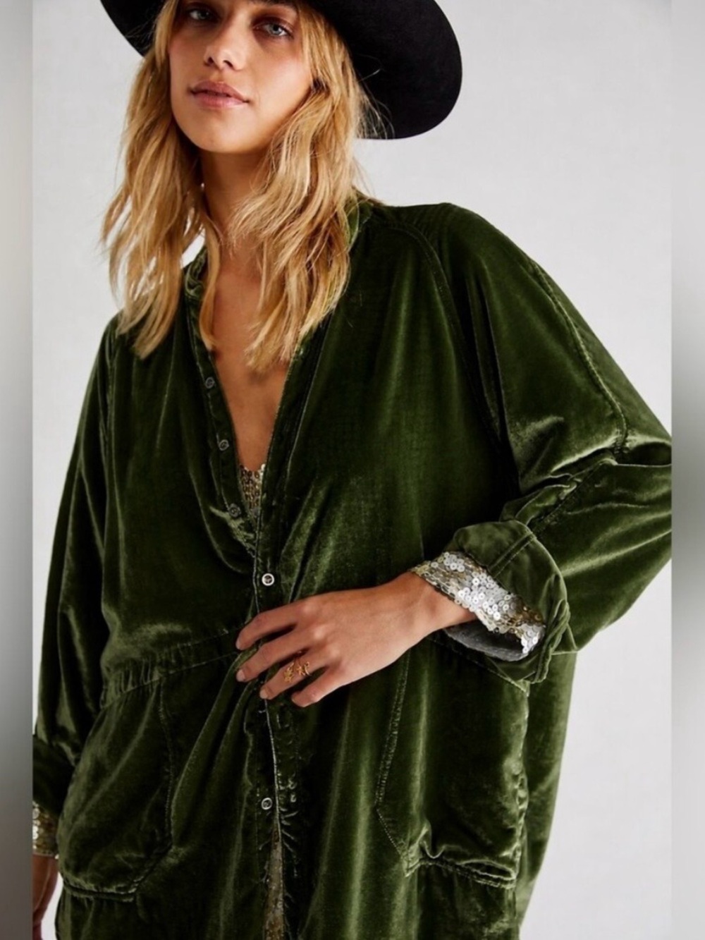 NATURAL LIFE Oversized Velvet Tunic Top XS Green Botton Front Pockets Relaxed